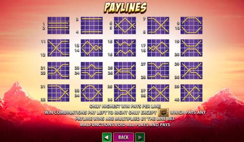 Roaring Wilds Big Bonus Slots Payline Diagrams 1-40. Only highest win pays per line. Win combinations pay left to right only except bear claw scatters which pay any. Payline wins are multiplied by the line bet.