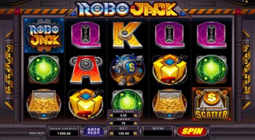 RoboJack Big Bonus Slots Main game board featuring five based on a mechanical robot theme, reels and 243 winning combinations with a $360,000 max payout
