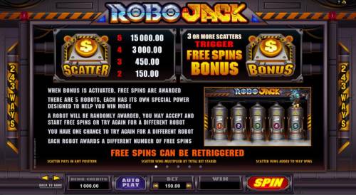 RoboJack Big Bonus Slots Scatter and Bonus symbols paytable. When bonus is activated, free spins are awarded. There are 5 robots, each has its own special power designed to help you win more. A robot will be randomly awarded, you may accept and start free spins or try for a diffe