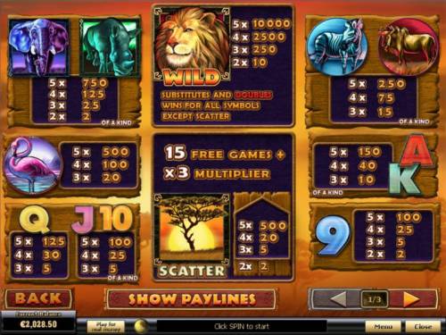 Safari Heat Big Bonus Slots Scatter, Wild and Slot Game Symbols Paytable
