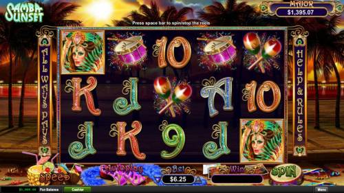 Samba Sunset Big Bonus Slots Main game board featuring five reels and 243 winning combinations with a progressive jackpot max payout