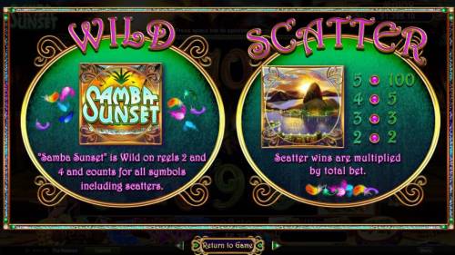 Samba Sunset Big Bonus Slots Wild and Scatter symbols game rules.