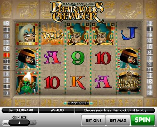Secret of the Pharaoh's Chamber Big Bonus Slots An Egyptian themed main game board featuring five reels and 25 paylines with a $10,000 max payout