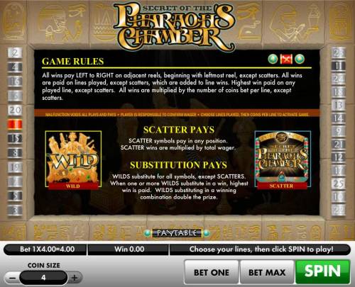 Secret of the Pharaoh's Chamber Big Bonus Slots General Game Rules