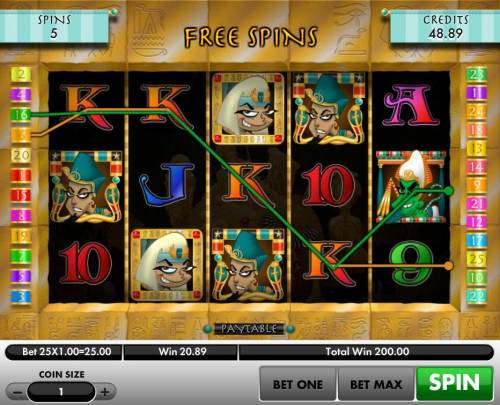 Secret of the Pharaoh's Chamber Big Bonus Slots A 200.00 big win triggered during the Treasure Hunt Free Spins feature.