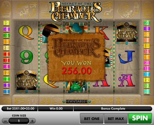 Secret of the Pharaoh's Chamber Big Bonus Slots A total of 256.00 paid out for 10 free spins.