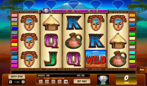 Serengeti Diamonds Big Bonus Slots Main game board featuring five reels and 25 paylines with a $50,000 max payout