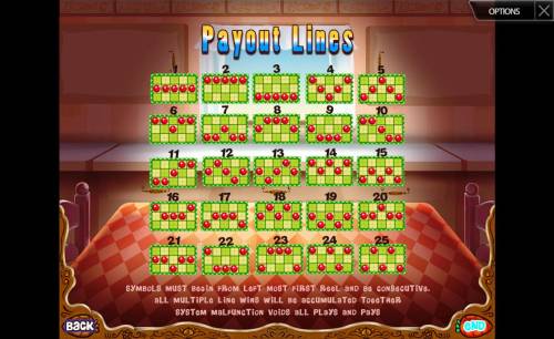 Slot & Pepper Big Bonus Slots Payline Diagrams 1-25. Symbols must begin from the left most first reel and be consecutive.