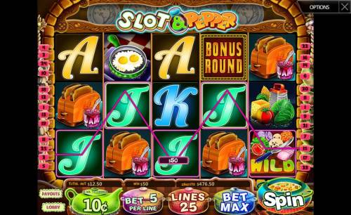 Slot & Pepper Big Bonus Slots A 50.00 payout awarded as a result of a winning five of a kind.