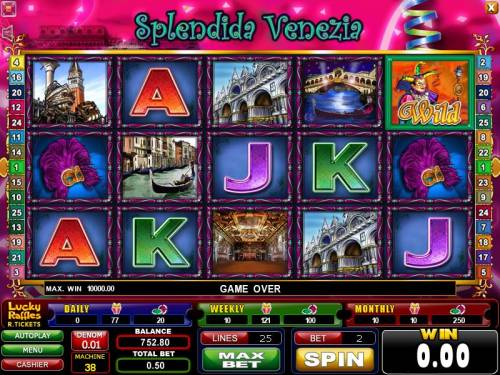 Splendida Venezia Big Bonus Slots main game board featuring five reels and twenty-five paylines