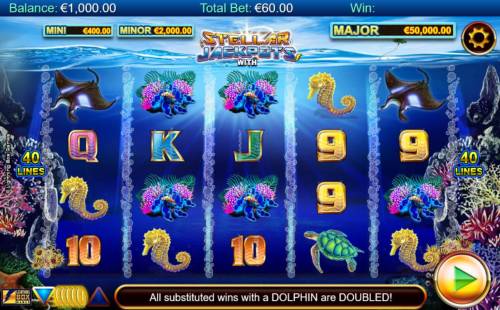 Stellar Jackpots with Dolphin Gold Big Bonus Slots An ocean adventure themed main game board featuring five reels and 40 paylines with a progressive jackpot max payout.