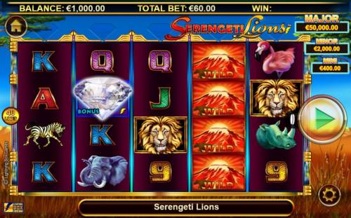 Stellar Jackpots with Serengeti Lions Big Bonus Slots Main game board featuring five reels and 40 paylines with a progressive jackpot max payout.