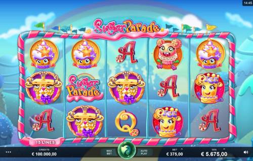 Sugar Parade Big Bonus Slots Main game board featuring five reels and 15 paylines with a $620,000 max payout.