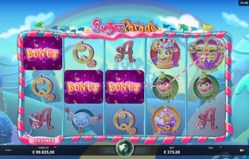 Sugar Parade Big Bonus Slots Landing 3 Bonus symbols triggers feature