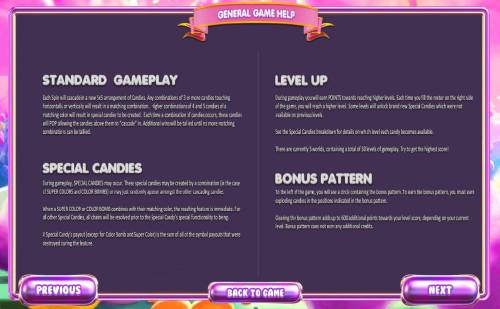 Sugar Pop! Big Bonus Slots General Game Help - Standard gameplay, Special candies, Level Up and Bonus Pattern.