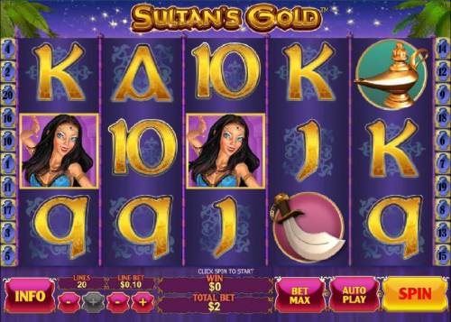 Sultan's Gold Big Bonus Slots Main game board featuring five reels, twenty paylines and a 5000x max payout