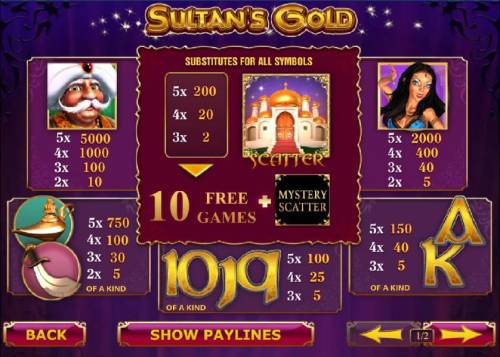 Sultan's Gold Big Bonus Slots slot game symbols paytable - scatter symbol and mystery scatter symbol