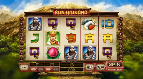 Sun Wukong Big Bonus Slots A Chinese folklore themed main game board featuring five reels and 15 paylines with a $750,000 max payout