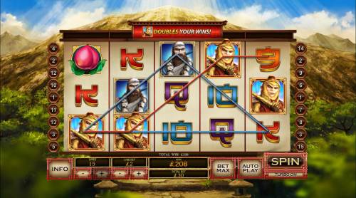 Sun Wukong Big Bonus Slots Three winning paylines triggers a 208.00 jackpot win.