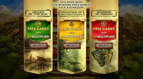 Sun Wukong Big Bonus Slots Choose 1 of 3 free games feature to play. 8, 10 or 20 free games  with a 5x, 4x or 2x multiplier.