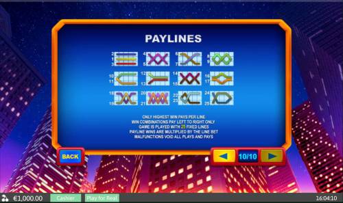 Superman II Big Bonus Slots Payline Diagrams 1-25. Only highest win pays per line. Win combinations pay left to right only. Game is played with 25 fixed lines. Payline wins are multiplied by the line bet.