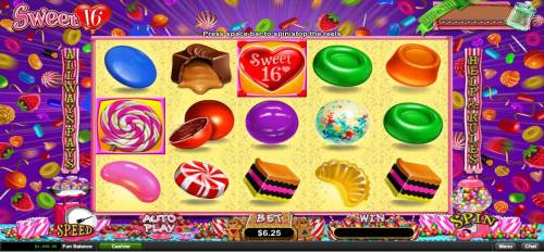 Sweet 16 Big Bonus Slots A candy themed main game board featuring five reels and 243 ways to win with a $312,500 max payout