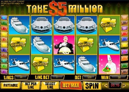 Take $5 Million Big Bonus Slots Main game board featuring five reels, twenty paylines and a 50000x max payout
