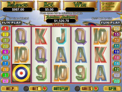 Tally Ho Big Bonus Slots A WWII British Spitfire themed main game board featuring five reels and 20 paylines with a $250,000 max payout