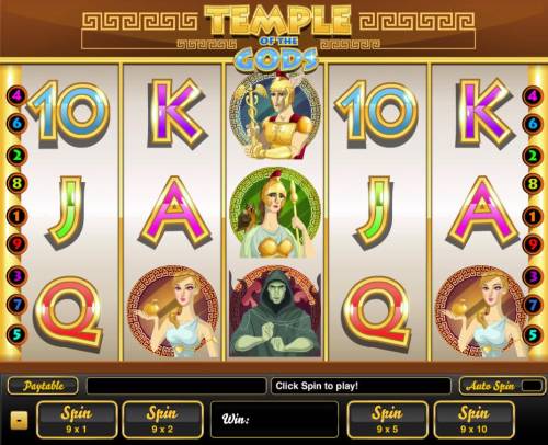 Temple of the Gods Big Bonus Slots Main game board featuring five reels and 9 paylines with a $100,000 max payout