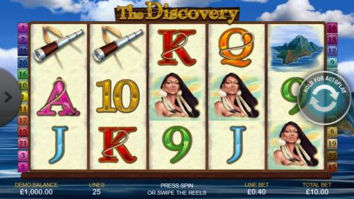 The Discovery Big Bonus Slots A sailing adventure themed main game board featuring five reels and 25 paylines with a $2,000 max payout
