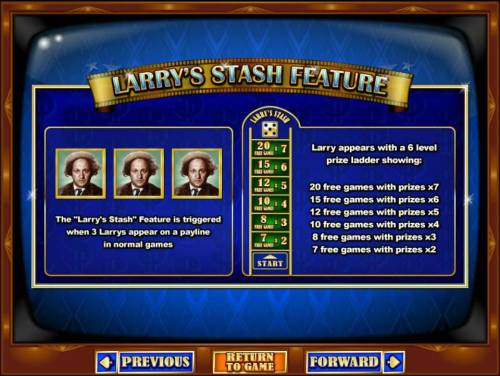 The Three Stooges II Big Bonus Slots Larrys Stash Feature is triggered when 3 Larrys appear on a payline in normal games.