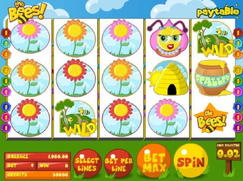 The Bees Big Bonus Slots main game board featuring five reels and nine paylines