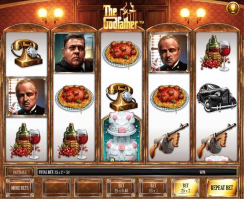 The Godfather Big Bonus Slots Main game board featuring five reels and 25 paylines with a $2,000 max payout