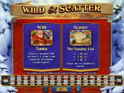 The Naughty List Big Bonus Slots Wild and Scatter symbols paytable and payline diagrams