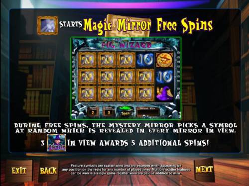 The Pig Wizard Big Bonus Slots Magic Mirror symbol starts the Magic Mirror Free Spins. During free spins, the Mystery Mirror picks a symbol at random which is revealed in every mirror in view. Three Pig Wizard Bonus symbols in view awards 5 additional spins!