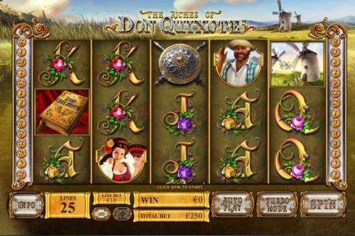 The Riches of Don Quixote Big Bonus Slots Main game board featuring five reels and 25 paylines with a $30,000 max payout