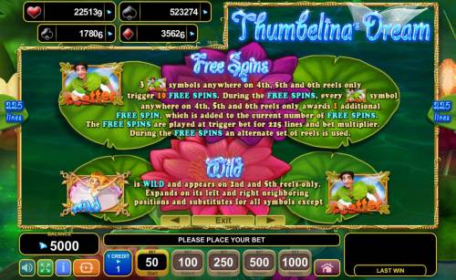 Thumbelina's Dream Big Bonus Slots Free Spins and Wild symbol rules