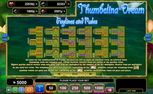 Thumbelina's Dream Big Bonus Slots Payline diagrams 1-75