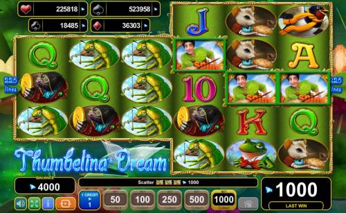 Thumbelina's Dream Big Bonus Slots Landing three scatter symbols anywhere on reels 4, 5 and 6 triggers a cash prize and free games feature.