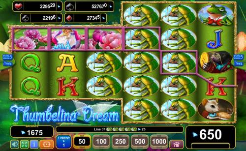 Thumbelina's Dream Big Bonus Slots Wild symbol expands vertically across three reels.