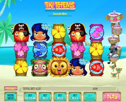 Tiki Totems Big Bonus Slots Main game board featuring five reels and 25 paylines with a $2,000 max payout