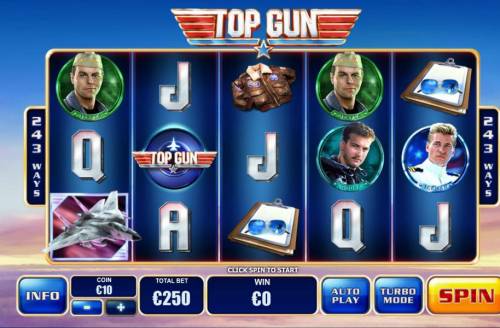 Top Gun Big Bonus Slots Main game board based on a movie theme, featuring five reels and 243 winning combinations with a $15,000 max payout