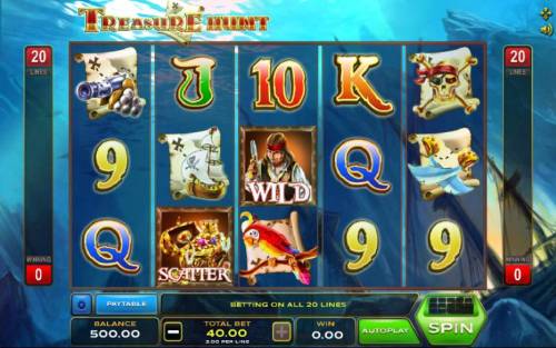 Treasure Hunt Big Bonus Slots Main game board featuring five reels and 20 paylines with a $18,000 max payout