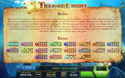 Treasure Hunt Big Bonus Slots General Game Rules and Payline Diagrams 1-20