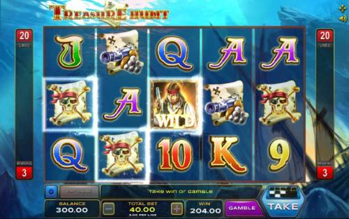 Treasure Hunt Big Bonus Slots A three of a kind triggers a 204.00 line pay.