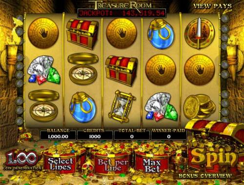 Treasure Room Big Bonus Slots main game board featuring five reels and twenty paylines