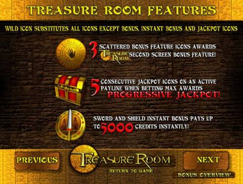 Treasure Room Big Bonus Slots sword and shield instannt bonus pays up to 5000 credits instantly