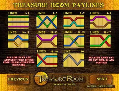 Treasure Room Big Bonus Slots twenty payline diagrams