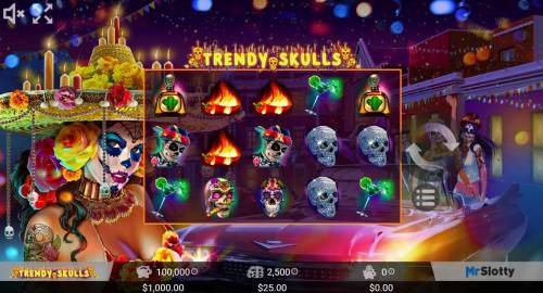 Trendy Skulls Big Bonus Slots Main game board featuring five reels and 25 paylines with a $200,000 max payout.