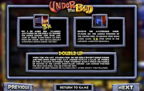 Under The Bed Big Bonus Slots bonus round, free spins and double feature rules